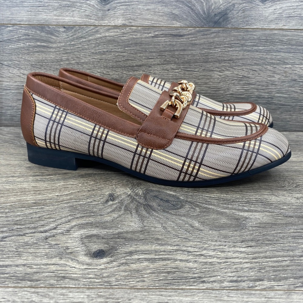Meijiana Plaid Loafers Mens Size 9 Brown Chain Link Herringbone Dress Shoes